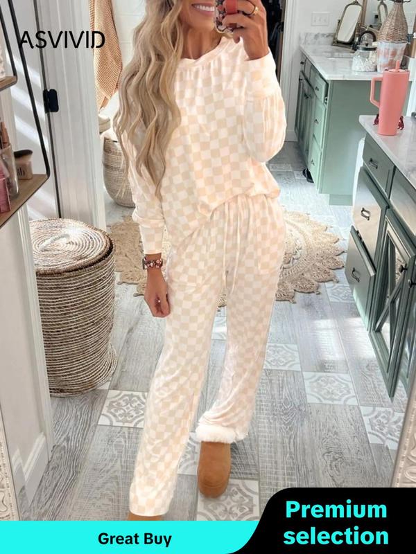 Women's Plaid Print Drop Shoulder Lounge Set, Casual Comfy Long Sleeve Pullover & Drawstring Waist Pants, Women's Sleepwear for Spring & Fall, Matching Sets