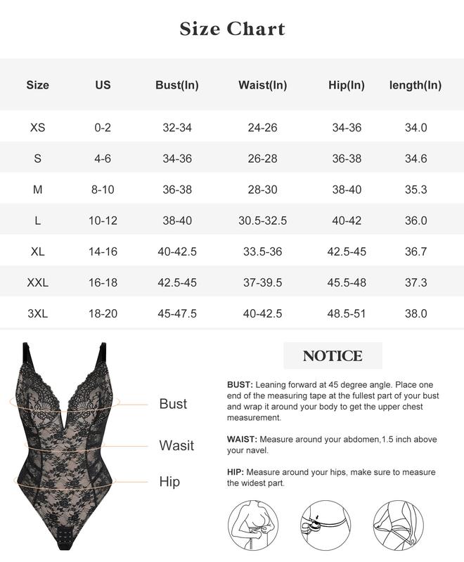 Popilush The Shapewear Bodysuit Deep V-Neck Lace Low-Back Thong Bodysuits Comfort Womenswear Clothing Everyday