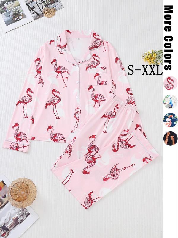 Womenswear All Over Flamingo Print Button Front Blouse & Pants Pyjama Two-piece Set, Homewear Comfy Lapel Collar Long Sleeve Top & Elastic Waist Trousers Pj Set, Pajama Sets Women, Women's Sleepwear for Spring & Fall, Fall Wear, Fallfreshness