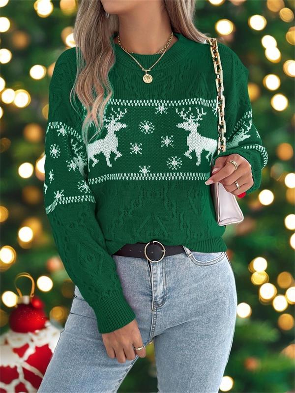 Women's Christmas Reindeer Print Drop Shoulder Sweater Pullover, Casual Long Sleeve Round Neck Jumper for Fall & Winter, Ladies' Knitwear for Daily Wear