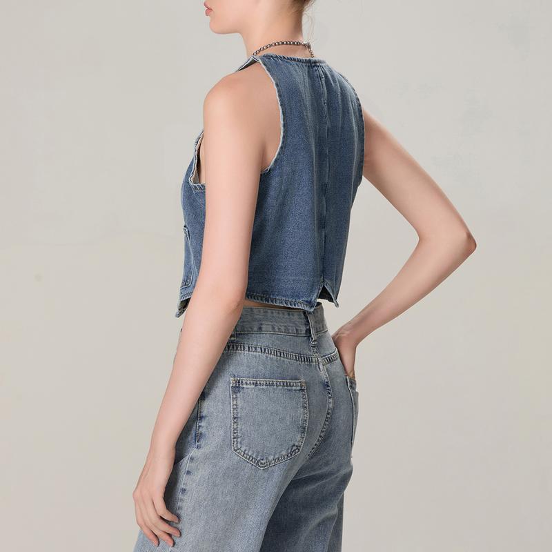 Women's Denim Vest Sleeveless V-Neck Button Vest with Pockets Denim T-Shirt Suitable for Casual Street Wear Womenswear Check