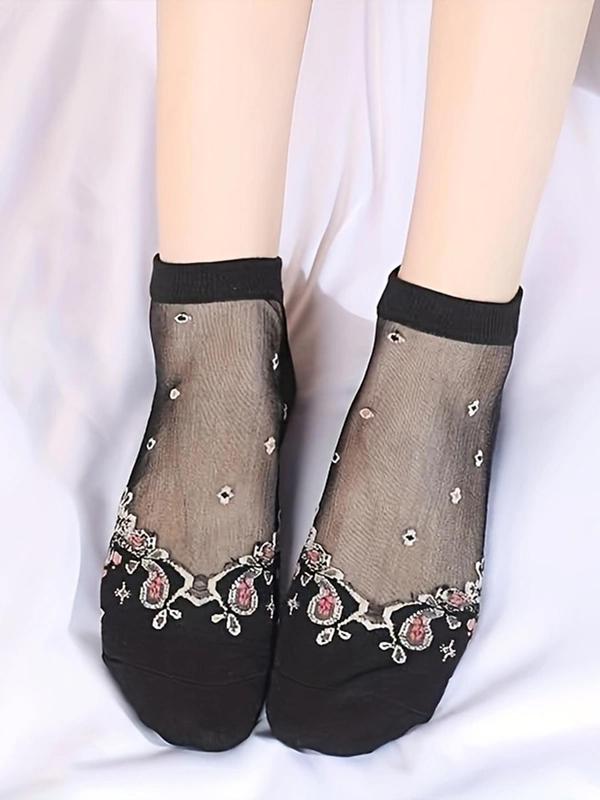 Women's 5 Pairs Floral Pattern Contrast Mesh Ankle Socks, Summer 2024 Fashion Casual Comfy Breathable Low Cut Socks For Daily Outdoor Wear, Women's Socks For Summer