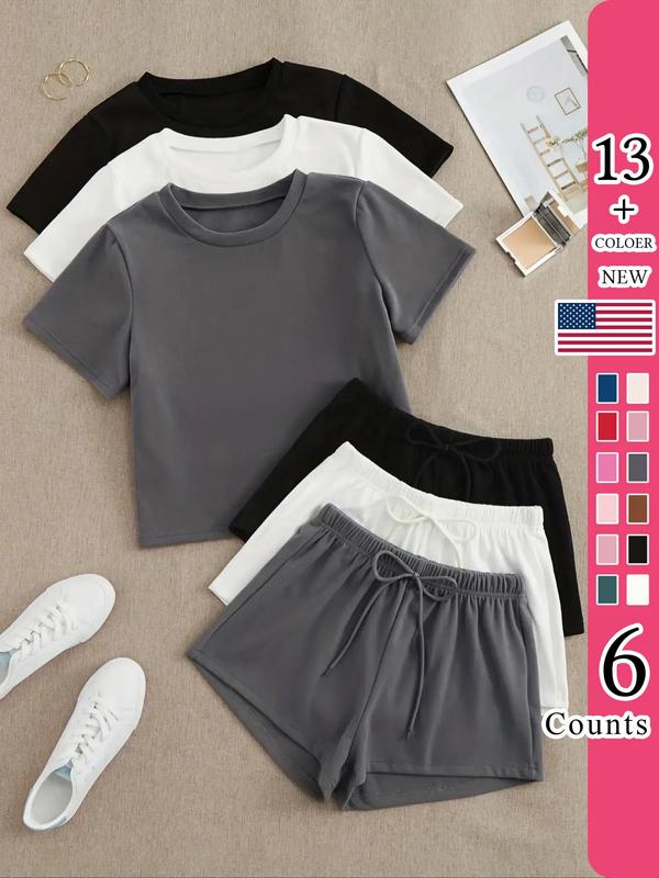 Women's Solid Round Neck Short Sleeve Tee & Bow Front Elastic Waist Shorts Loungewear, Halloween Summer Wear 2024, Soft Casual Comfy Pyjama Set for Summer, Summer Clothes, Back To School Gifts, Halloween Pajamas, Comfy Loungewear Set for Women, PJ Set