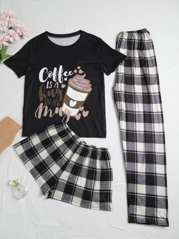 3 Piece Set Women's Heart Print Tee & Plaid Print Pants & Shorts Pajama Set, Pajama Sets Women, PJ Sets for Women, Comfort Short Sleeve T-shirt & Elastic Waist Shorts & Trousers Lounge Set, Summer Wear 2024, Summer Clothes Women 2 Piece Set