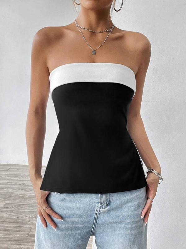 Women's Colorblock Backless Split Side Tube Top, Casual Strapless Top for Summer,  Women's Clothing for Daily Wear