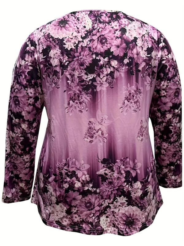  Floral Print Button Front V Neck Tee, Casual Long Sleeve T-shirt for Spring & Fall, Women's Clothes for Daily Wear