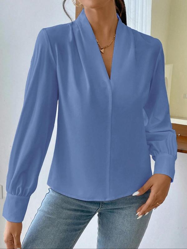 Women's Plain V Neck Long Sleeve Blouse, Casual Solid Color Top for Daily Wear, Ladies Clothes for All Seasons