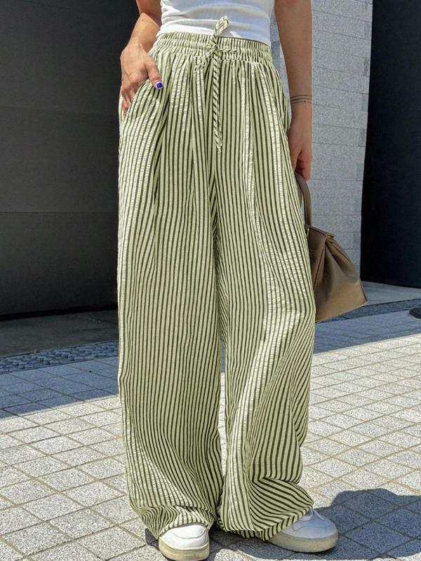 Women's Striped Print Drawstring Waist Wide Leg Pants, Casual Pocket Trousers for Daily Wear, Ladies Bottoms for All Seasons