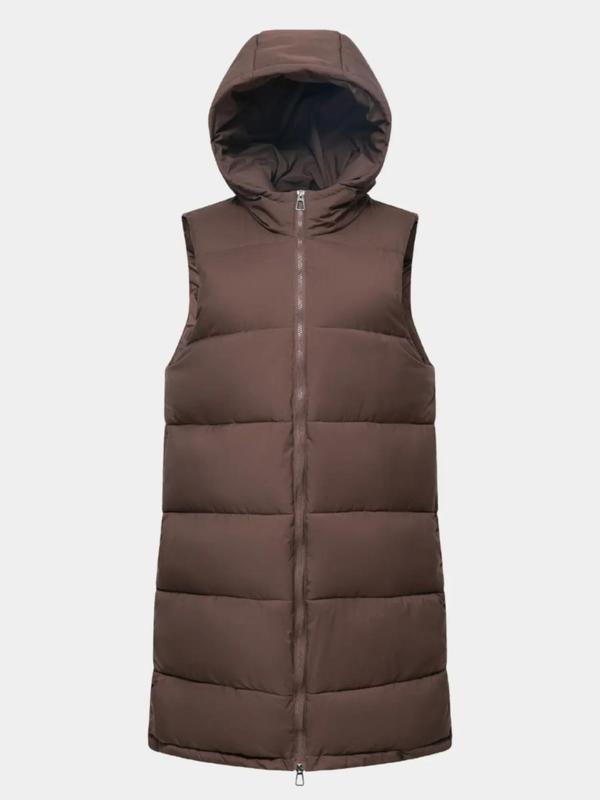 Women's Solid Pocket Zip Up Hooded Puffer Vest Coat Long Puffer Gilet, Winter Clothes Women, Casual Warm Sleeveless Waterproof Thermal Outerwear for Fall Winter Daily Wear