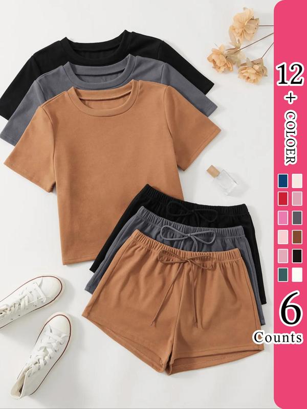 Women's Solid Round Neck Short Sleeve Tee & Bow Front Elastic Waist Shorts Loungewear, Halloween Summer Wear 2024, Soft Casual Comfy Pyjama Set for Summer, Summer Clothes, Back To School Gifts, Halloween Pajamas, Comfy Loungewear Set for Women, PJ Set