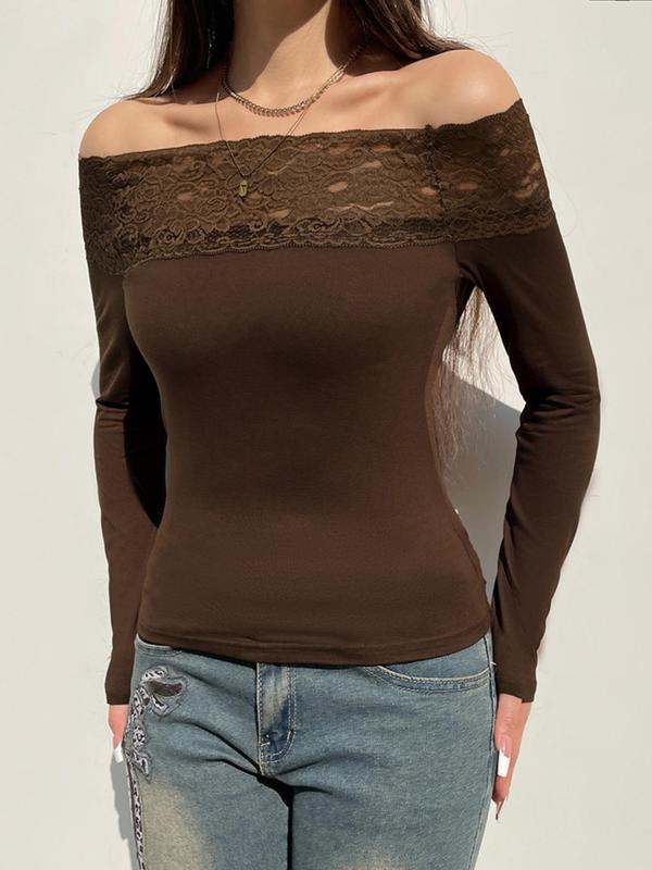 Women's Solid Contrast Lace Off Shoulder Crop Tee, Elegant Casual Long Sleeve T-shirt for Spring & Fall, Women's Tops, Going Out Tops, Y2k Soft Top, Women's Clothing, Fall Outfits 2024 Vintage Clothing