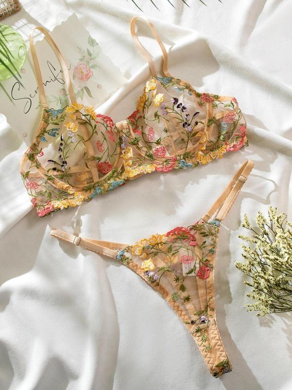 Women's Floral Embroidery Underwire Bra & Thong Sheer Tulle Underwear Set, Casual Elegant Adjustable Strap Bra & Panty Underwear Set, Lingerie Set for Women