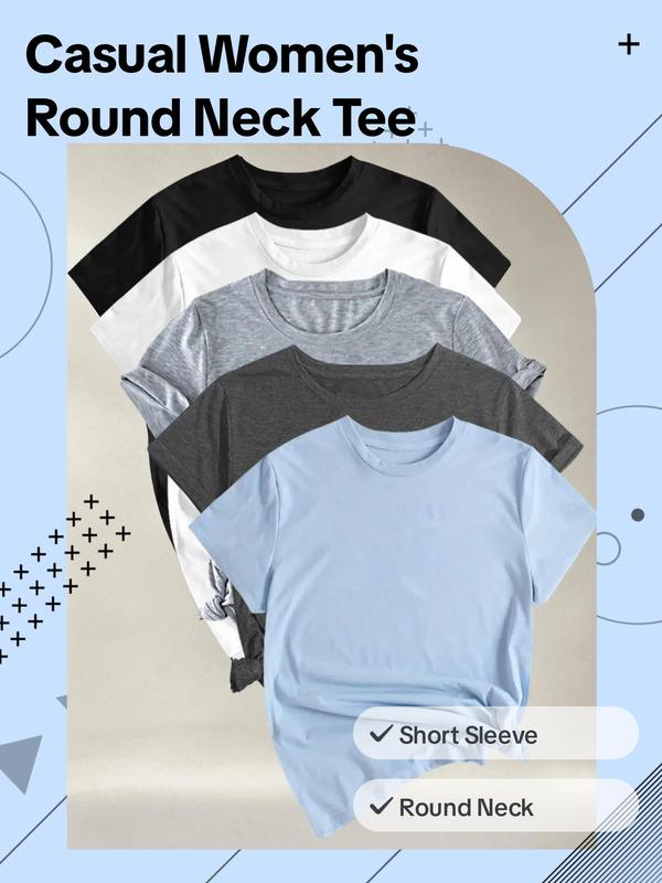 Women's Solid Round Neck Tee, Casual Short Sleeve Crew Neck T-Shirt for Fall, Fall Outfits, Fashion Simple Women's Top for Daily Wear