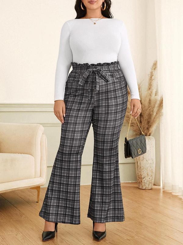 CURVZY Plus Size Plaid Print Belted Flare Leg Pants, Casual Pocket Bell Bottom Trousers for Daily Wear, Women's Bottoms for All Seasons