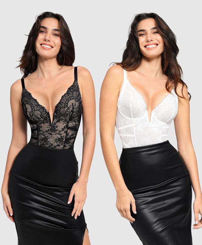 Popilush The Shapewear Bodysuit Deep V-Neck Lace Low-Back Thong Bodysuits Comfort Womenswear Clothing Everyday