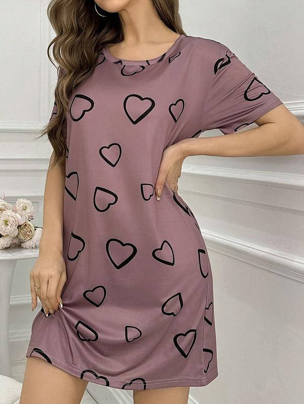 Heart Print Short Sleeve Pajama Night Dress With Round Neckline long sleeve Women's V-Neck sleep dress Comfort Comfortable