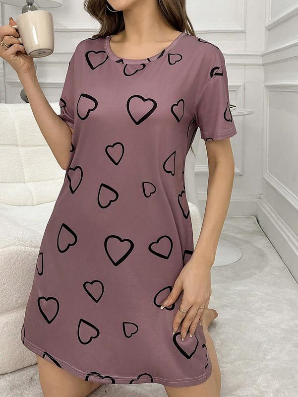 Heart Print Short Sleeve Pajama Night Dress With Round Neckline long sleeve Women's V-Neck sleep dress Comfort Comfortable