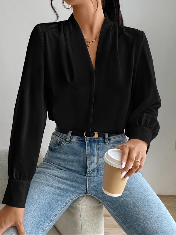 Women's Plain V Neck Long Sleeve Blouse, Casual Solid Color Top for Daily Wear, Ladies Clothes for All Seasons