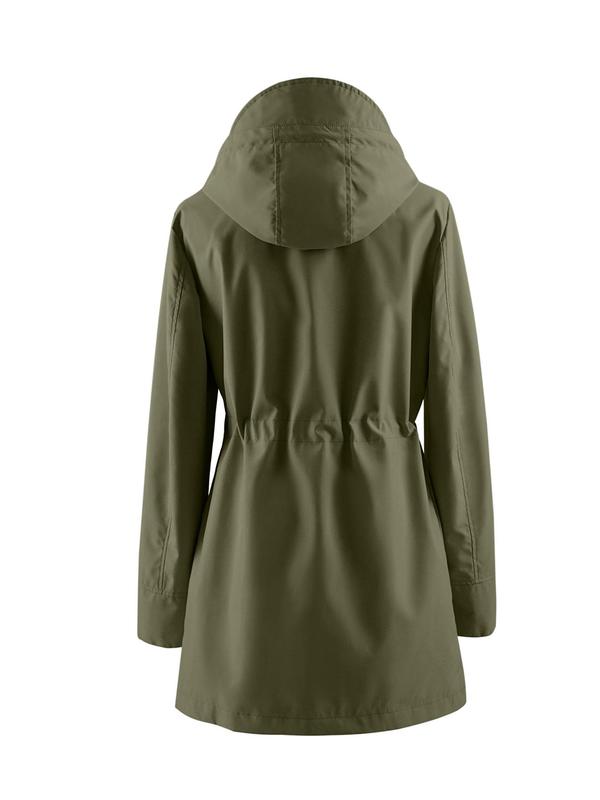 Women's Solid Drawstring Pocket Button Zipper Hooded Jacket, Fall Outfits, Fallfreshness Comfort Women Clothing, Casual Long Sleeve Waterproof Windbreaker Jacket for Spring & Fall, Ladies Tops Clothes for Daily Wear