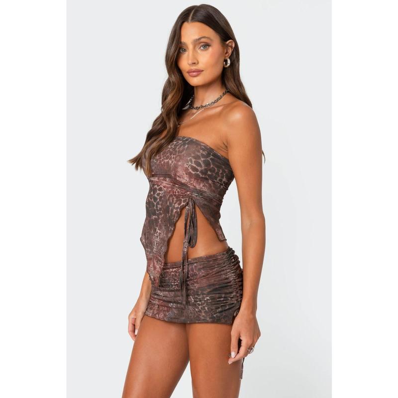 Tiana Printed Mesh Asymmetric Tube Top