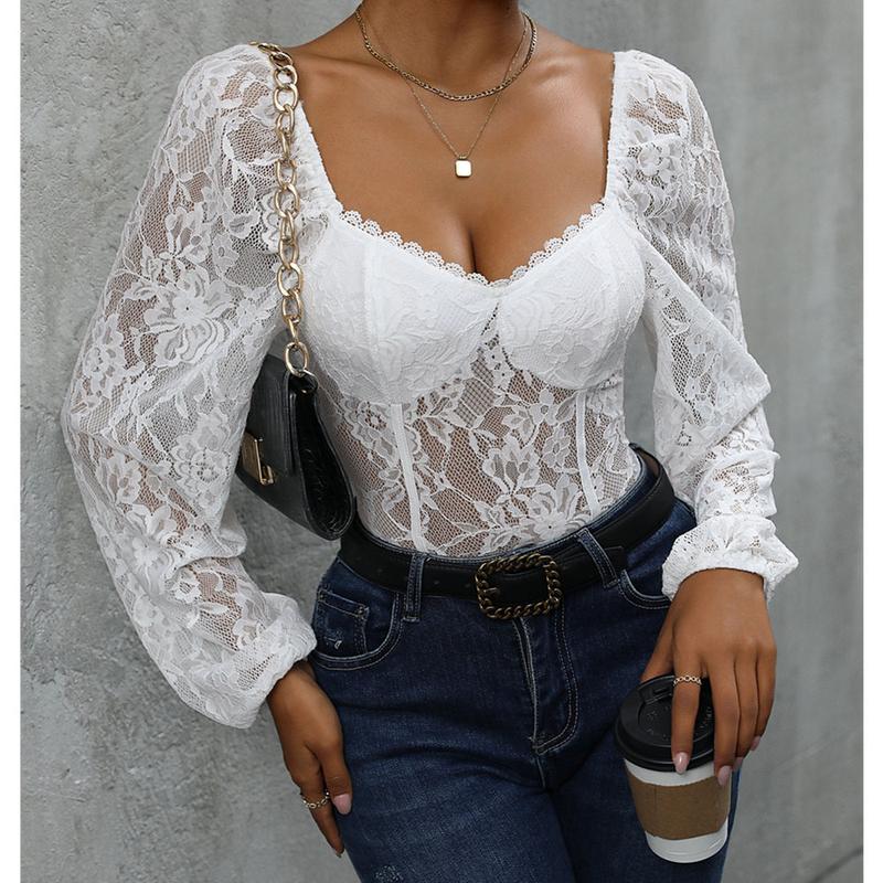 Women's Lace Long Sleeve V Neck Bodysuit