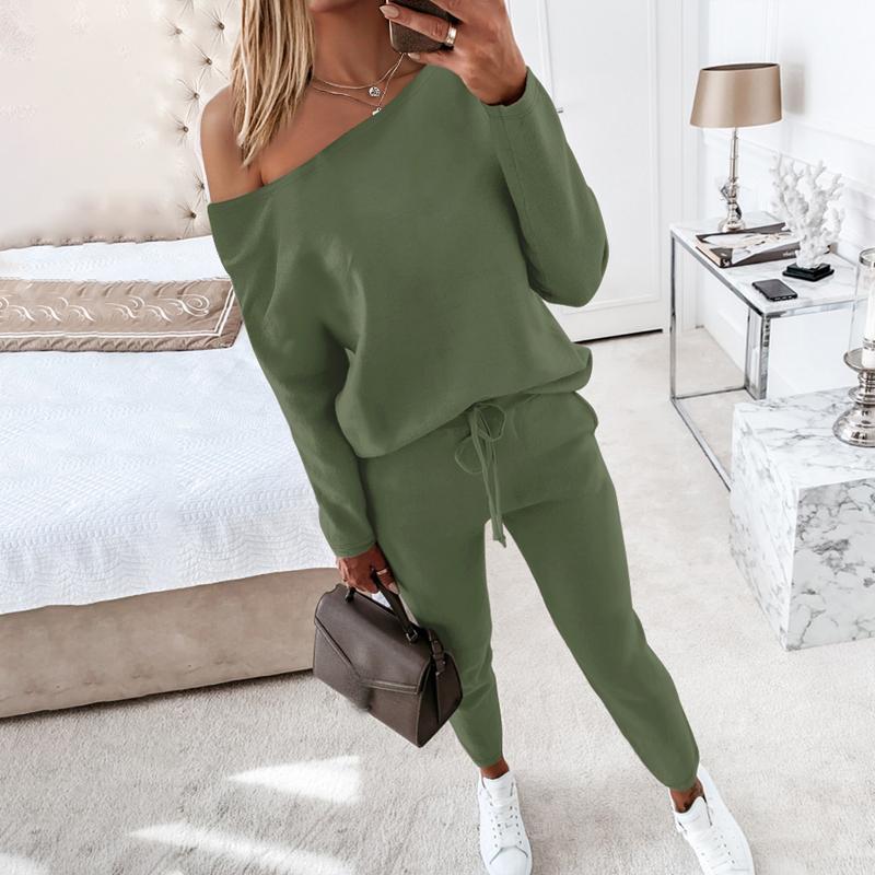 ChicMe Women's 2 Piece Outfit Nope Not Today Print Skew Neck Long Sleeve Pullover Top with Stretchy Waist Long Pants Tracksuit Jogger Set Casual Fabric