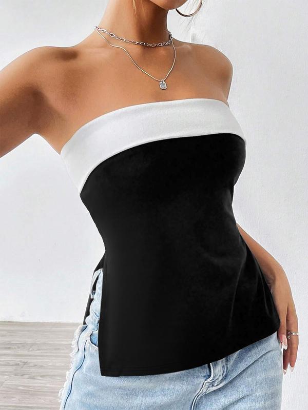 Women's Colorblock Backless Split Side Tube Top, Casual Strapless Top for Summer,  Women's Clothing for Daily Wear