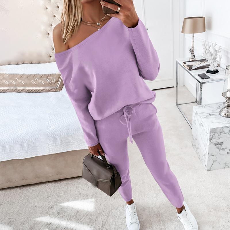 ChicMe Women's 2 Piece Outfit Nope Not Today Print Skew Neck Long Sleeve Pullover Top with Stretchy Waist Long Pants Tracksuit Jogger Set Casual Fabric