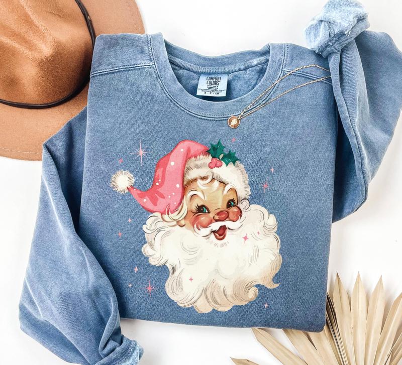 Comfort Colors Pink Santa Sweatshirt, Retro Christmas Sweatshirt, Vintage Santa Claus Shirt, Pink Christmas Sweater, Christmas Hoodie, Matching Family Gift