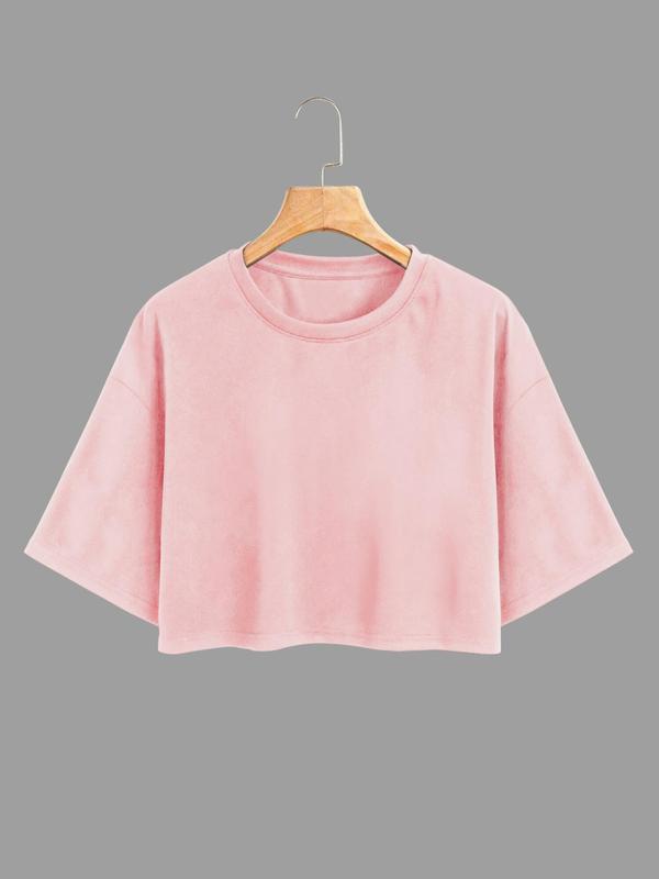 Women's Plain  Branch Print Drop Shoulder  Crop Tee, Casual Half Sleeve Round Neck T-shirt for Summer, Ladies Clothes for Daily Wear