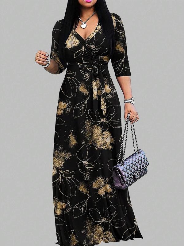 Women's Colorblock Floral Print 3 4 Sleeve A Line Dress with Belt, Casual V Neck Long Dress for Summer, Ladies Clothes for Daily Wear