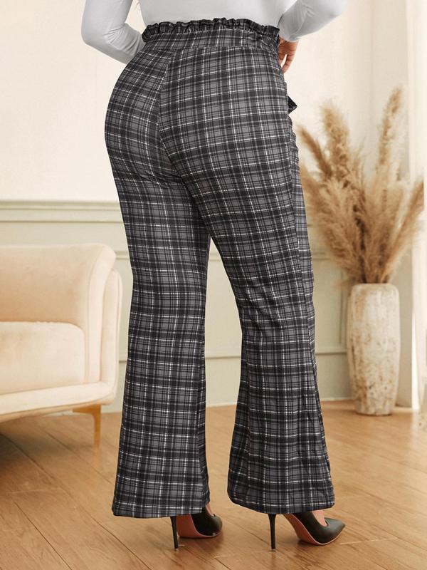 CURVZY Plus Size Plaid Print Belted Flare Leg Pants, Casual Pocket Bell Bottom Trousers for Daily Wear, Women's Bottoms for All Seasons