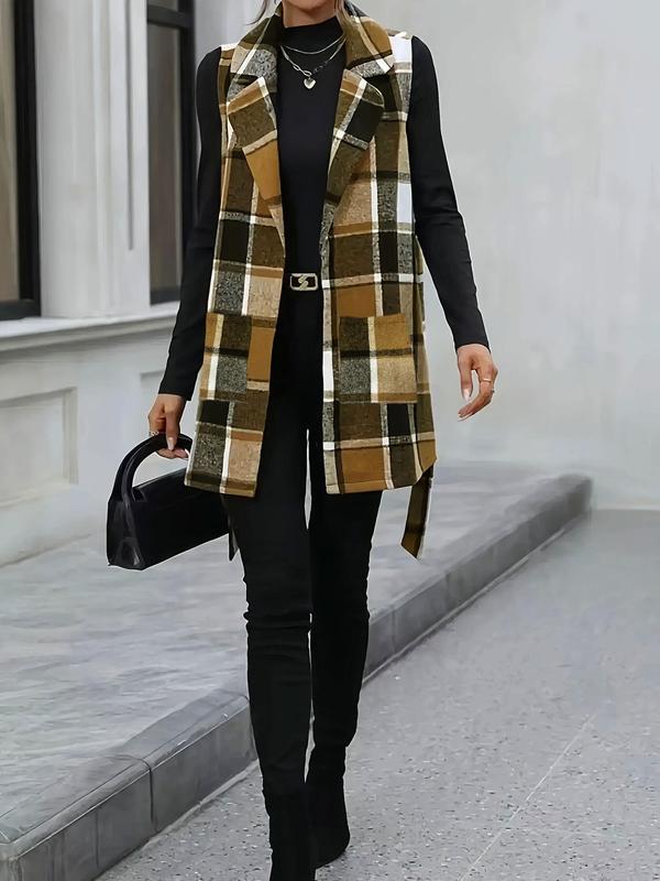  Plaid Print Button Belted Vest Coat, Casual Lapel Sleeveless Outerwear for Fall & Winter, Women's Clothes for Daily Wear