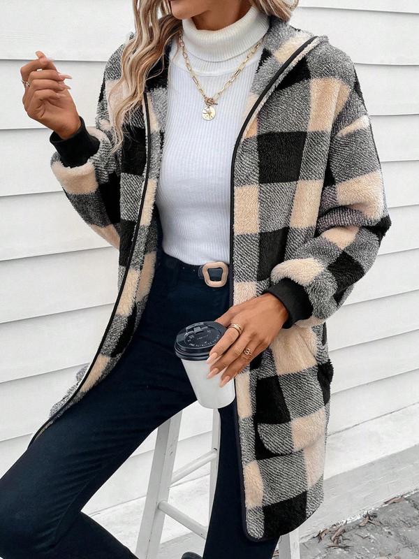 Women's Plaid Print Drop Shoulder Hooded Fleece Jacket, Casual Long Sleeve Pocket Outerwear for Fall & Winter, Ladies Clothes for Daily Wear