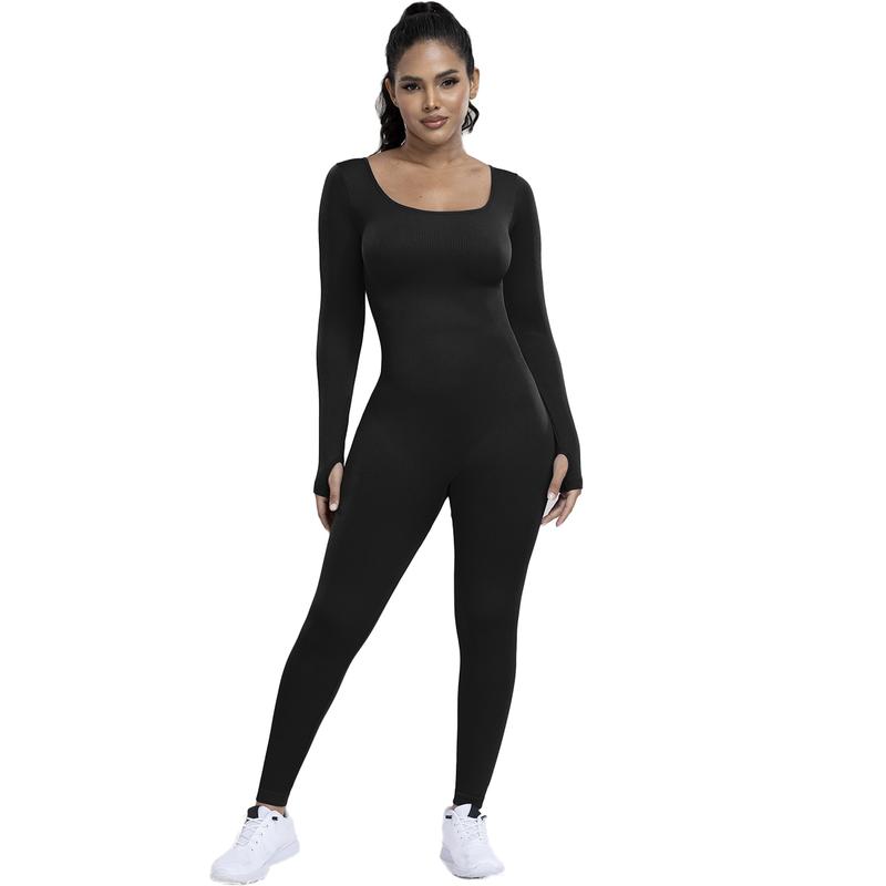 Kabuer Flattering Ribbed One-Piece Jumpsuit - High Waisted, Long Sleeved, Casual Fitness Bodysuit for Women Womenswear Comfort Crew Neck Knit winter sport clothes