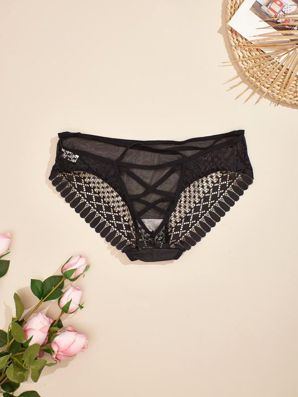  Floral Lace Criss Cross Panty, Soft Comfy Breathable Sheer Knicker for Daily Wear, Women's Underwear for All Seasons