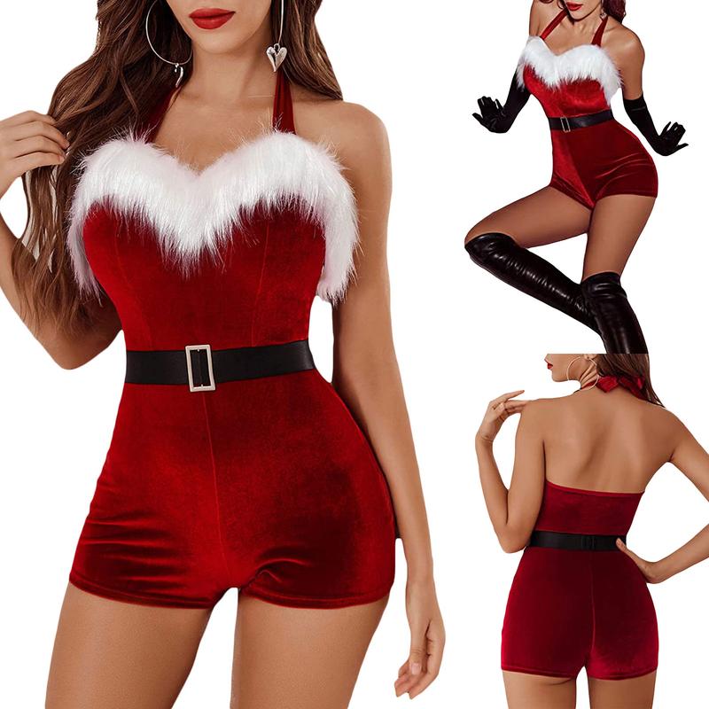 Women's Mrs. Claus Costume, Sleeveless Faux Fur Trim Halter Romper Short Jumpsuit