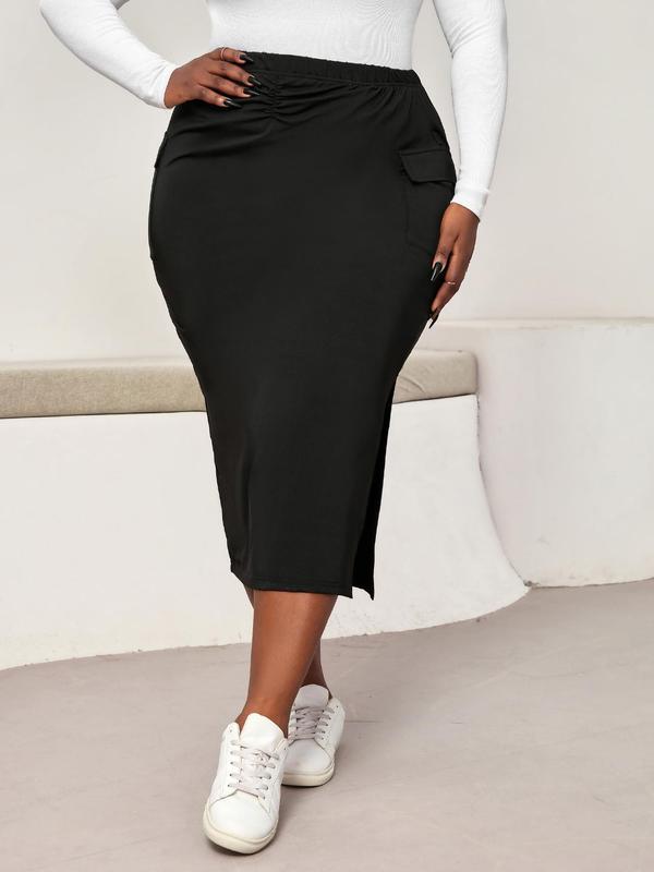 CURVZY  Solid Pocket Split Thigh Pencil Skirt, Casual Elastic Waist Midi Skirt for Daily Wear, Women's Bottoms for All Seasons