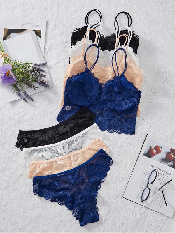 Women's Floral Lace Bralette & Panty Set, Soft Comfy Breathable Double Straps Wireless Bra & Knicker Set, Underwear Set for Women