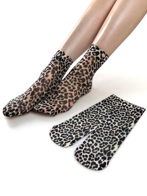 Women's Leopard Print Sheer Crew Socks, Casual Soft Comfy Breathable Mid-calf Socks  for Fall & Winter, Women's Socks for Daily Wear