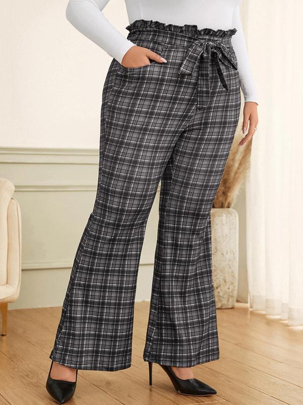 CURVZY Plus Size Plaid Print Belted Flare Leg Pants, Casual Pocket Bell Bottom Trousers for Daily Wear, Women's Bottoms for All Seasons