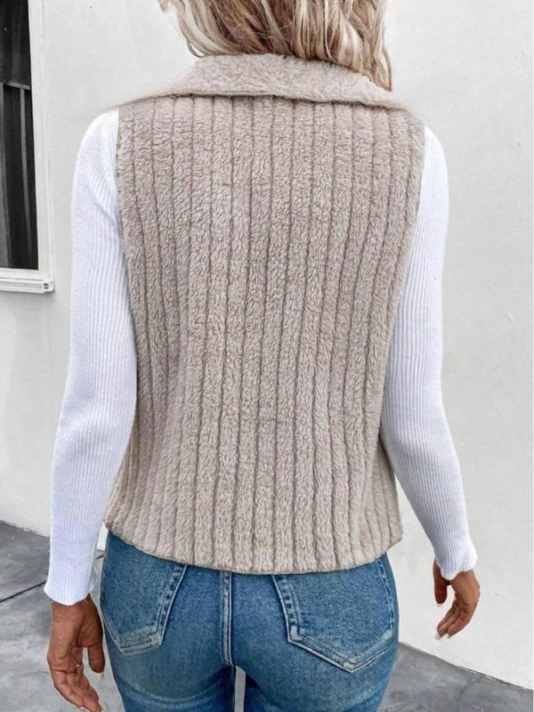  Women's Solid Color Jacquard Open Front Vest Coat, Casual Sleeveless Collared Outerwear for Fall & Winter, Women's Clothes for Daily Wear