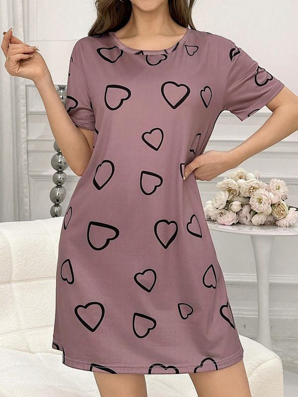 Heart Print Short Sleeve Pajama Night Dress With Round Neckline long sleeve Women's V-Neck sleep dress Comfort Comfortable