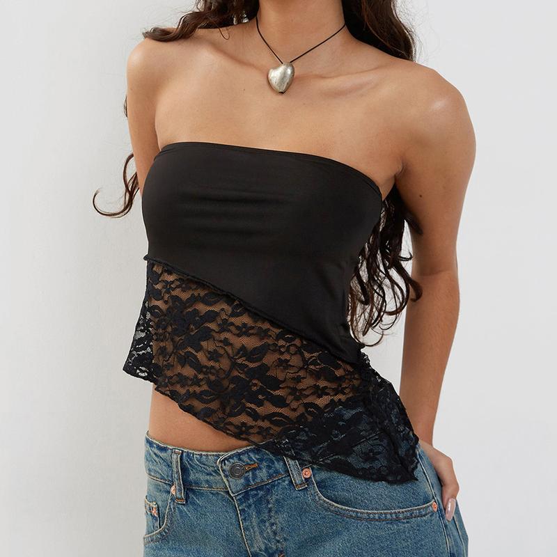 Women Y2k Lace Strapless Tube Top See Through Mesh Crop Top Aesthetic Backless Bandeau Top Going Out Streetwear