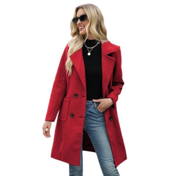 SCUSTY Women Winter Wool Blend Camel Mid-Long Coat Notch Double-Breasted Lapel Jacket Outwear