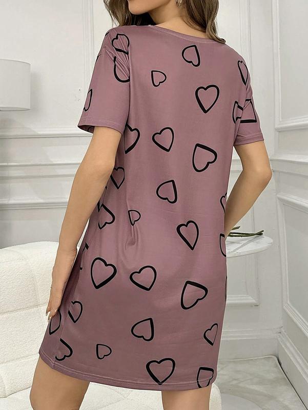 Heart Print Short Sleeve Pajama Night Dress With Round Neckline long sleeve Women's V-Neck sleep dress Comfort Comfortable