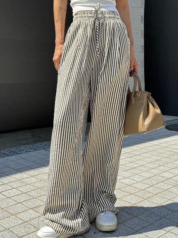 Women's Striped Print Drawstring Waist Wide Leg Pants, Casual Pocket Trousers for Daily Wear, Ladies Bottoms for All Seasons