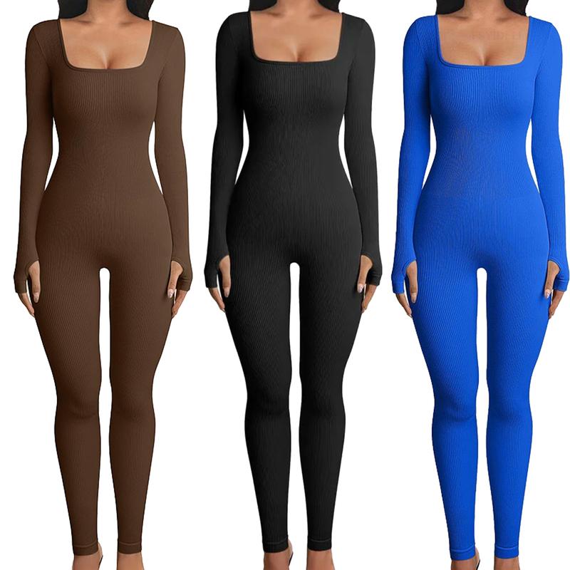 Kabuer Flattering Ribbed One-Piece Jumpsuit - High Waisted, Long Sleeved, Casual Fitness Bodysuit for Women Womenswear Comfort Crew Neck Knit winter sport clothes