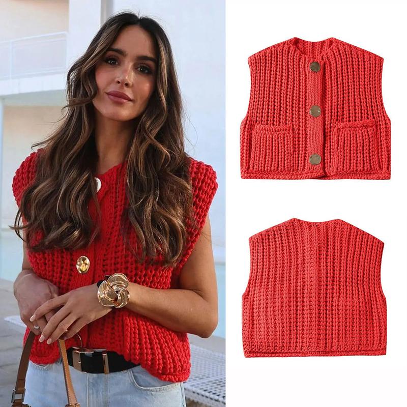 Naeduo Womens Crochet Chunky Knit Top Sleeveless Button Down Crop Tops Trendy Cardigan Sweater Vest for Women with Pockets Womenswear Crewneck Women's Faux