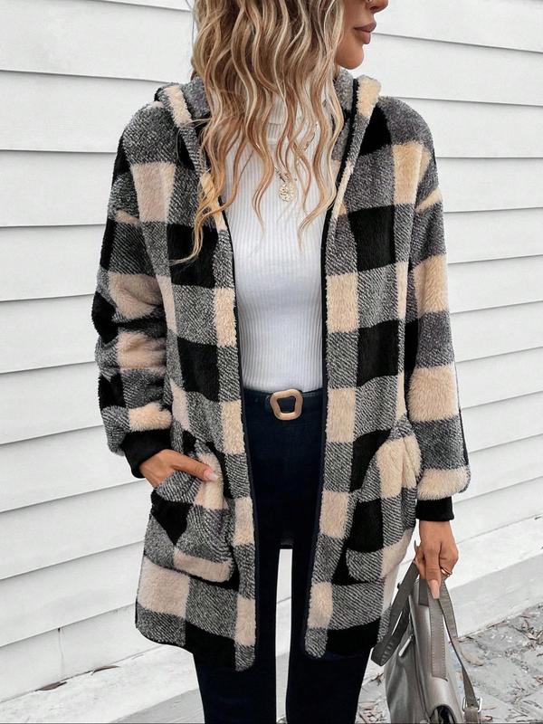 Women's Plaid Print Drop Shoulder Hooded Fleece Jacket, Casual Long Sleeve Pocket Outerwear for Fall & Winter, Ladies Clothes for Daily Wear